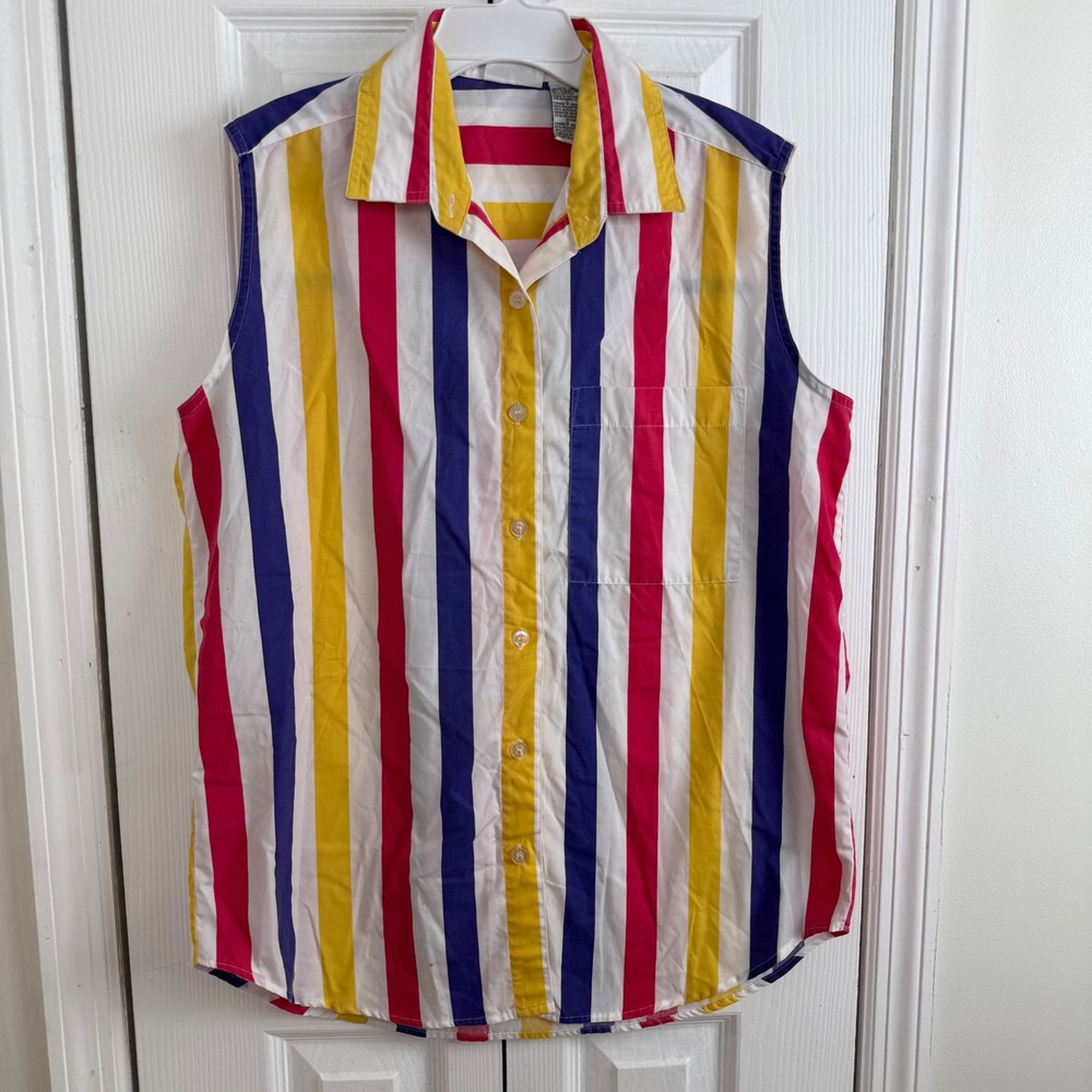Vtg Simply Basic Sleeveless Button‎ Down Shirt L Multicolor Stripe Retro Kidcore